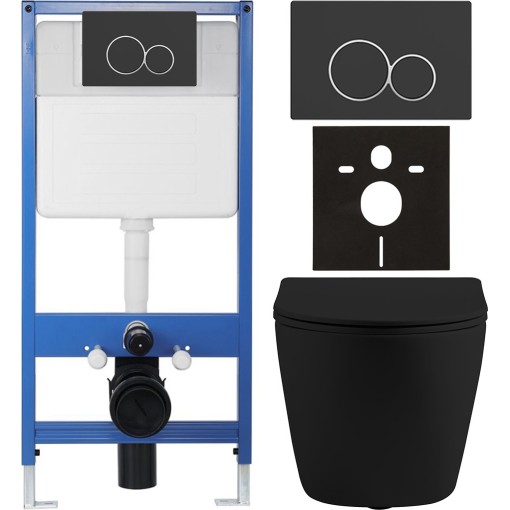 Kompletní podomítkový WC set Lite/Cesso - černá matná - WC tlačítko Duo, černá matná - předstěnová instalace - 49x36 cm