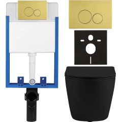 Kompletní podomítkový WC set Lite/Cesso - černá matná - WC tlačítko Duo. zlatá - k zazdění - 49x36 cm