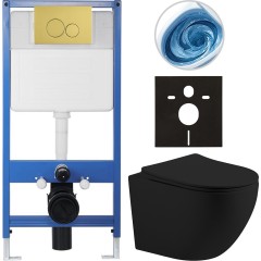 Kompletní podomítkový WC set Lite/Cesso - černá matná - WC tlačítko Duo. zlatá - předstěnová instalace - 49x36 cm