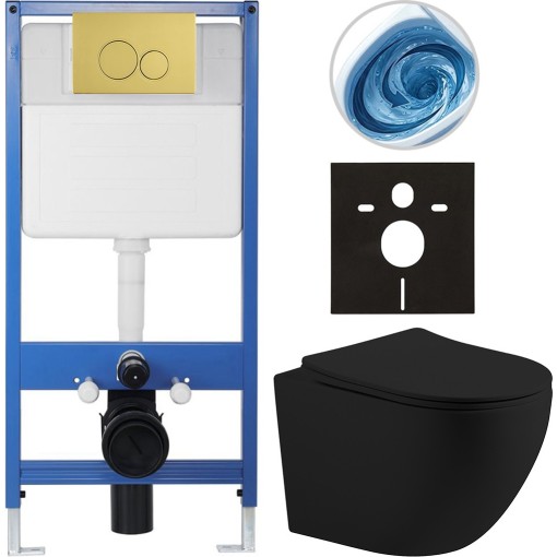 Kompletní podomítkový WC set Lite/Cesso - černá matná - WC tlačítko Duo. zlatá - předstěnová instalace - 49x36 cm