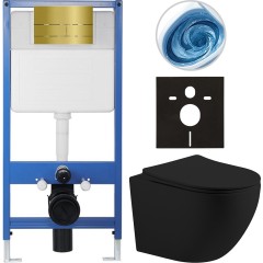 Kompletní podomítkový WC set Lite/Cesso - černá matná - WC tlačítko Line. zlatá - předstěnová instalace - 49x36 cm