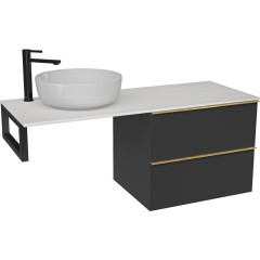 Deska pod umyvadlo z litého mramoru Elanys - 120x46,5x1,2 cm - skříňka Velora 59 cm - černá matná, zlatá úchytka - konzole černá