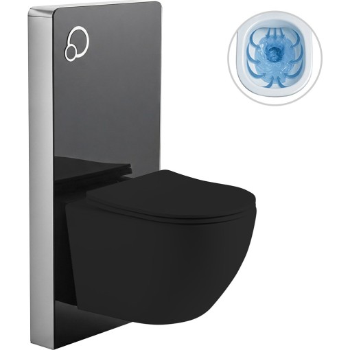 Kompletní WC set sanitární splach. modul - černá matná + WC závěsné Verde, Rimless + Slim/UF sedátko - černá matná - 49x36 cm