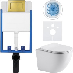 Kompletní podomítkový WC set Lite/Verde - bílá lesklá - WC tlačítko Classic, zlatá - k zazdění - 49x36 cm