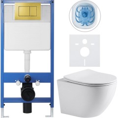 Kompletní podomítkový WC set Lite/Verde - bílá lesklá - WC tlačítko Classic, zlatá - předstěnová instalace/sádrokarton - 49x36 cm