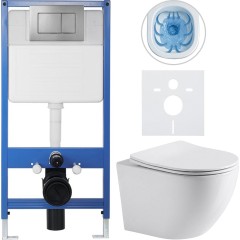 Kompletní podomítkový WC set Lite/Verde - bílá lesklá - WC tlačítko Classic, tmavě šedá - předstěnová instalace/sádrokarton - 49x36 cm