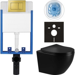 Kompletní podomítkový WC set Lite/Verde - černá lesklá - WC tlačítko Classic, zlatá - k zazdění - 49x36 cm