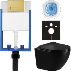 Kompletní podomítkový WC set Lite/Verde - černá lesklá - WC tlačítko Slim, zlatá - k zazdění - 49x36 cm