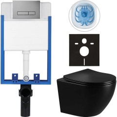 Kompletní podomítkový WC set Lite/Verde - černá lesklá - WC tlačítko Slim, tmavě šedá - k zazdění - 49x36 cm