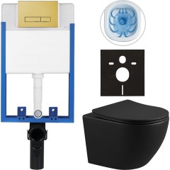 Kompletní podomítkový WC set Lite/Verde - černá matná - WC tlačítko Slim, zlatá - k zazdění - 49x36 cm