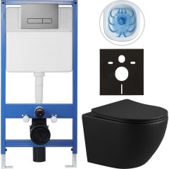 Kompletní podomítkový WC set Lite/Verde - černá matná - WC tlačítko Slim, tmavě šedá - předstěnová instalace/sádrokarton - 49x36 cm