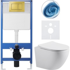 Kompletní podomítkový WC set Lite/Cesso - bílá lesklá - WC tlačítko Classic, zlatá - předstěnová instalace/sádrokarton - 49x36 cm