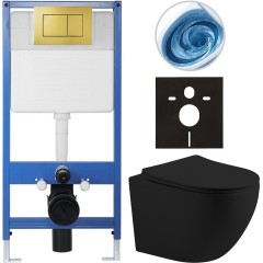 Kompletní podomítkový WC set Lite/Cesso - černá matná - WC tlačítko Classic, zlatá - předstěnová instalace/sádrokarton - 49x36 cm