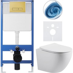 Kompletní podomítkový WC set Lite/Cesso - bílá matná - WC tlačítko Slim, zlatá - předstěnová instalace/sádrokarton - 49x36 cm