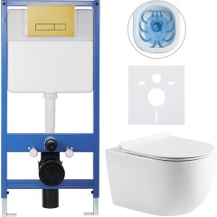 Kompletní podomítkový WC set Lite/Felci - bílá lesklá - WC tlačítko Slim, zlatá - předstěnová instalace/sádrokarton - 52,5x36 cm