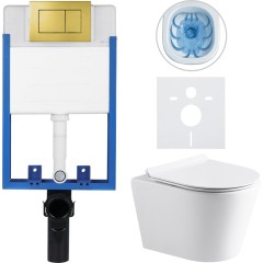 Kompletní podomítkový WC set Lite/Norbi - bílá lesklá - WC tlačítko Classic, zlatá - k zazdění - 48,5x36,5 cm