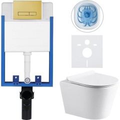 Kompletní podomítkový WC set Lite/Norbi - bílá lesklá - WC tlačítko Slim, zlatá - k zazdění - 48,5x36,5 cm