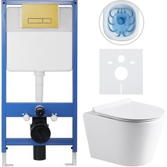 Kompletní podomítkový WC set Lite/Norbi - bílá lesklá - WC tlačítko Slim, zlatá - předstěnová instalace/sádrokarton - 48,5x36,5 cm