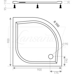 Sprchová vanička čtvrtkruhová EX 900x900 mm, R550, bez nožiček, sifon vlevo
