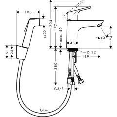 Hansgrohe Umyvadlová baterie 100, s ruční sprchou Bidette, chrom 31927000