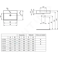 Ideal Standard Umyvadlo 71x42x15 cm, s přepadem, otvor pro baterii, bílá K078201