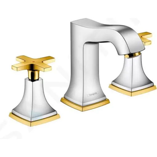 Hansgrohe Tříotvorová umyvadlová baterie 110 s rukojetí ve tvaru kříže, s odtokovou soupravou s táhlem, chrom/vzhled zlata 31306090