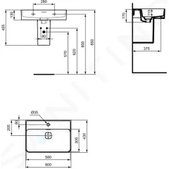Ideal Standard Umyvadlo 60x43 cm, s přepadem, s otvorem pro baterii, bílá T300001