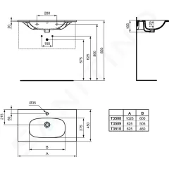 Ideal Standard Umyvadlo nábytkové 83x45 cm, s přepadem, otvor pro baterii, bílá T350901