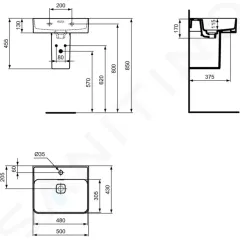Ideal Standard Umyvadlo 50x43 cm, s přepadem, s otvorem pro baterii, bílá T292801