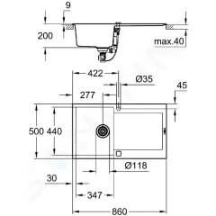 Grohe Kompozitní dřez K500 s automatickým odtokem, 86x50 cm, granitová černá 31644AP0