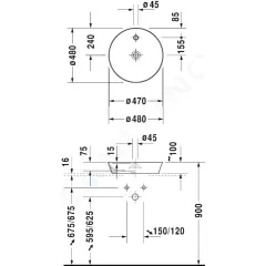 Duravit Umyvadlo na desku, průměr 48 cm, bez přepadu, s otvorem pro baterii, DuraCeram, bílá 2328480000
