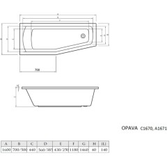 AQUALINE - OPAVA vana 160x70x44cm, pravá, bílá A1671