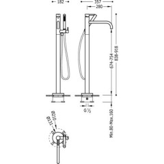 TRES - Vanová podlahová baterie páková se sprchouse dvěma nezávislými regulátory. Včetně podomítkového tělesa. Ruční sprcha a 26247001BM