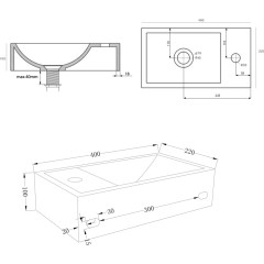 SAPHO - CREST R betonové umývátko, nástěnné, včetně výpusti, 40x22cm, bílý pískovec AR413