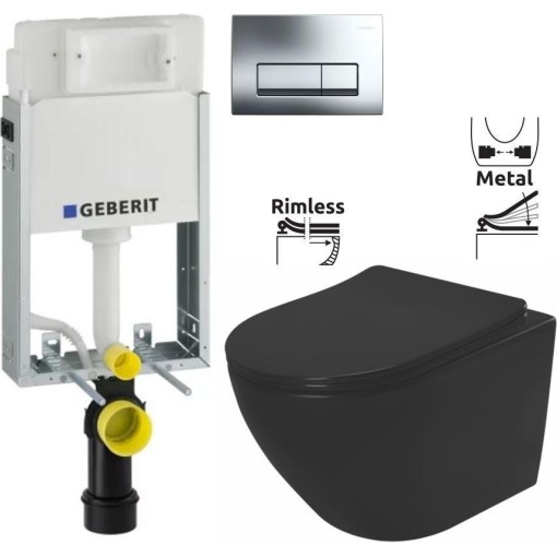 GEBERIT KOMBIFIXBasic vč. chromového tlačítka DELTA 51 + WC REA CARLO MINI RIMLESS ČIERNY MAT + SEDADLO 110.100.00.1 51CR MM1