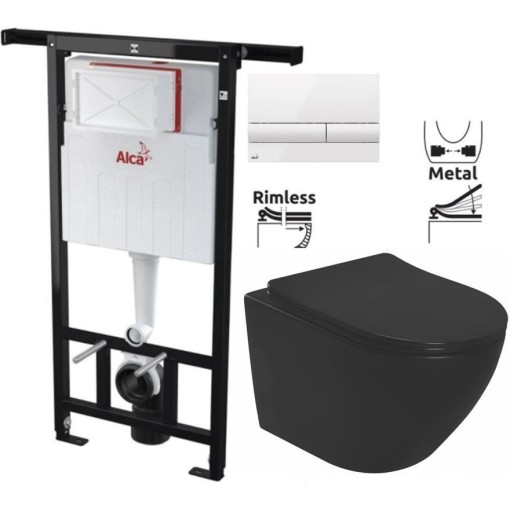 Předstěnový instalační systém s bílým tlačítkem M1710 + WC REA CARLO MINI RIMLESS ČIERNY MAT + SEDADLO AM102/1120 M1710 MM1