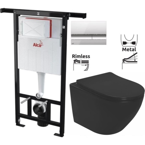 Předstěnový instalační systém s chromovým tlačítkem M1721 + WC REA CARLO MINI RIMLESS ČIERNY MAT + SEDADLO AM102/1120 M1721 MM1