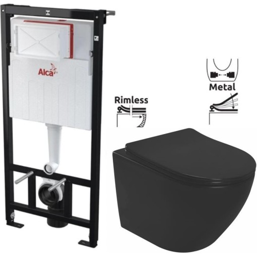 Předstěnový instalační systém bez tlačítka + WC REA CARLO MINI RIMLESS ČIERNY MAT + SEDADLO AM101/1120 X MM1