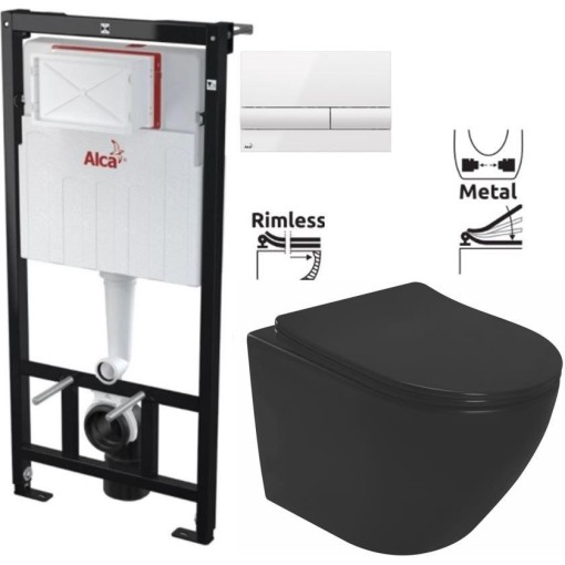 Předstěnový instalační systém s bílým tlačítkem M1710 + WC REA CARLO MINI RIMLESS ČIERNY MAT + SEDADLO AM101/1120 M1710 MM1