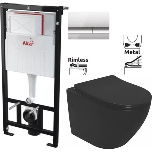 Předstěnový instalační systém s chromovým tlačítkem M1721 + WC REA CARLO MINI RIMLESS ČIERNY MAT + SEDADLO AM101/1120 M1721 MM1