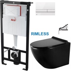 Předstěnový instalační systém s bílým tlačítkem M1710 + WC MEXEN LENA ČERNÁ Rimless + SEDÁTKO AM101/1120 M1710 ME01