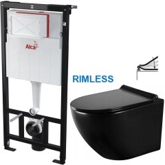 Předstěnový instalační systém bez tlačítka + WC MEXEN LENA ČERNÁ Rimless + SEDÁTKO AM101/1120 X ME01