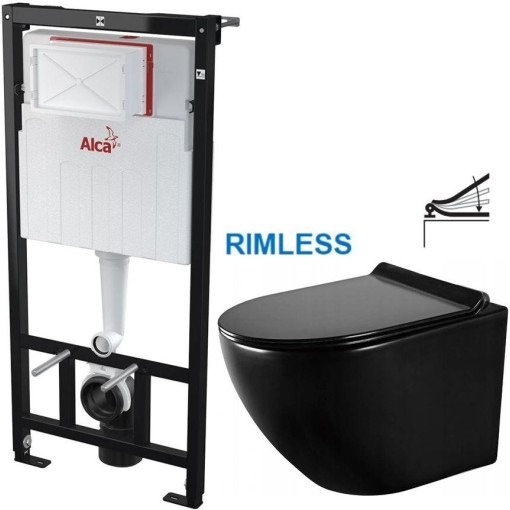 Předstěnový instalační systém bez tlačítka + WC MEXEN LENA ČERNÁ Rimless + SEDÁTKO AM101/1120 X ME01