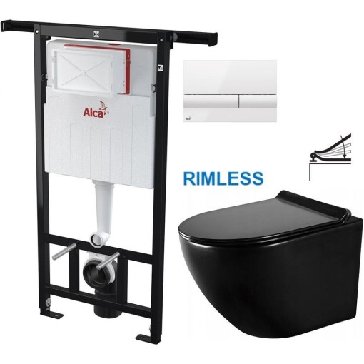 Předstěnový instalační systém s bílým tlačítkem M1710 + WC MEXEN LENA ČERNÁ Rimless + SEDÁTKO AM102/1120 M1710 ME01