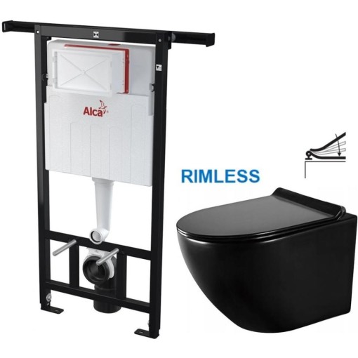 Předstěnový instalační systém bez tlačítka + WC MEXEN LENA ČERNÁ Rimless + SEDÁTKO AM102/1120 X ME01