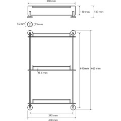 SAPHO - X-ROUND E skleněná polička trojitá s hrazdou 380x675x130, chrom XR608