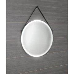 SAPHO - ORBITER kulaté zrcadlo s LED osvětlením ø 70cm, kožený pásek, černá mat ORL070