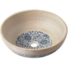 SAPHO - PRIORI keramické umyvadlo na desku, Ø 41 cm, béžová s modrým vzorem PI011