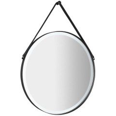 SAPHO - ORBITER kulaté zrcadlo s LED osvětlením ø 70cm, kožený pásek, černá mat ORL070