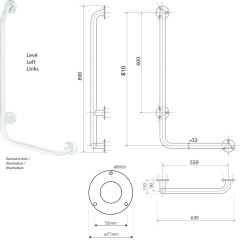SAPHO - HANDICAP nástěnné madlo LEVÉ 810x550, bílá XH522W